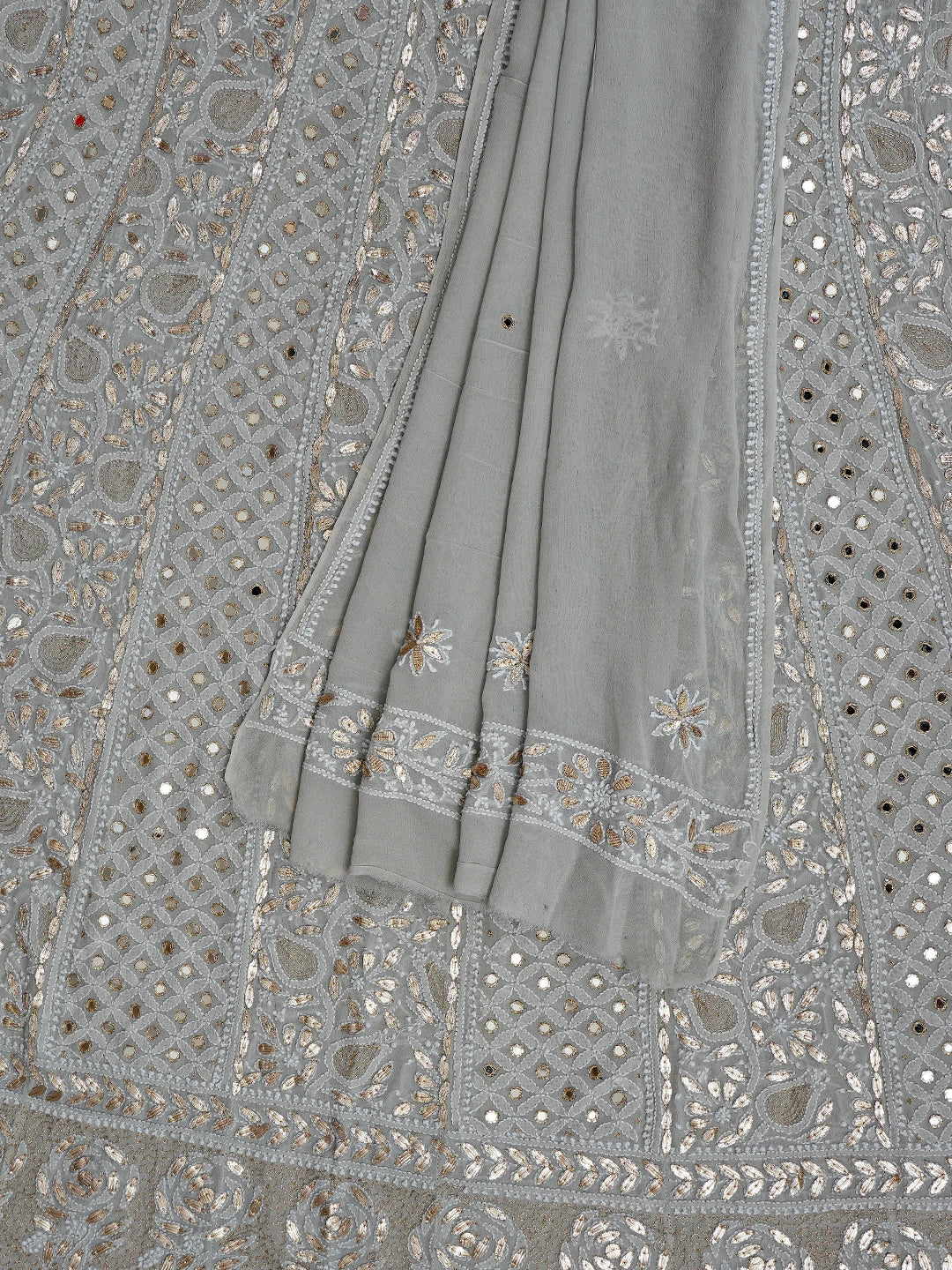 Ada Hand Embroidered Grey Pure Georgette Lucknowi Chikankari Semi-Stitched Anarkali Kurta Dupatta Set With Zari Work 01A777353