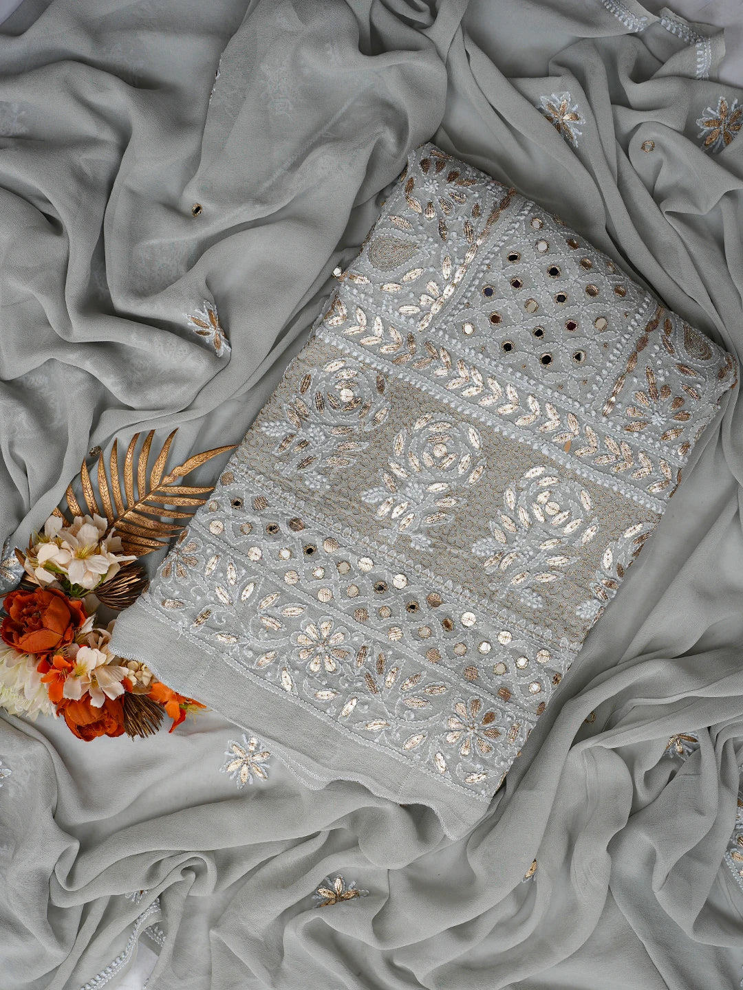 Ada Hand Embroidered Grey Pure Georgette Lucknowi Chikankari Semi-Stitched Anarkali Kurta Dupatta Set With Zari Work 01A777353