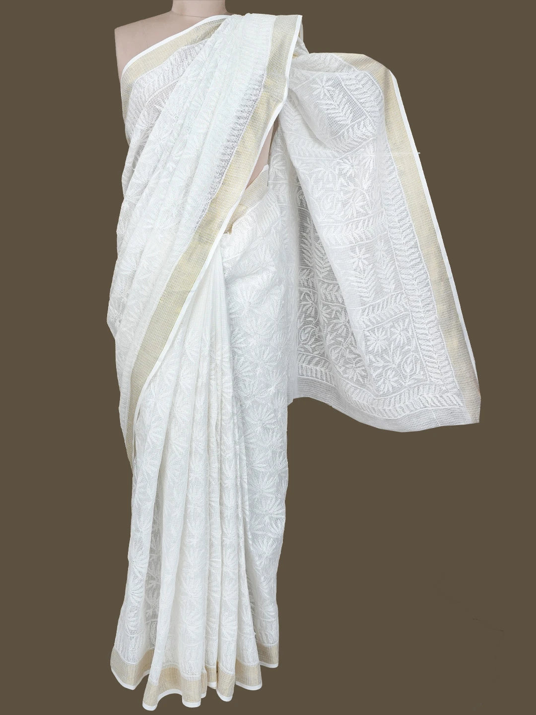 Ada Hand Embroidered White Kota Lucknowi Chikankari Saree and Blouse 01A767514