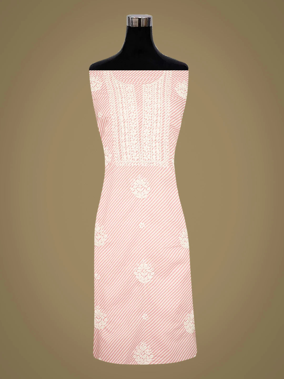 Ada Hand Embroidered Pink and White Lehariya Print Cotton Lucknowi Chikankari Unstitched Kurta Piece 01A799598