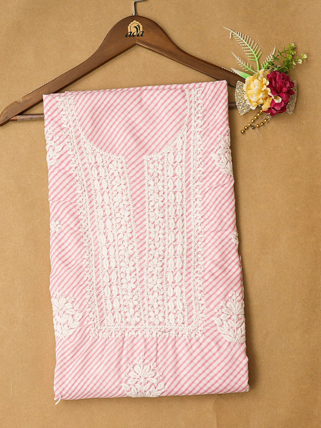 Ada Hand Embroidered Pink and White Lehariya Print Cotton Lucknowi Chikankari Unstitched Kurta Piece 01A799598