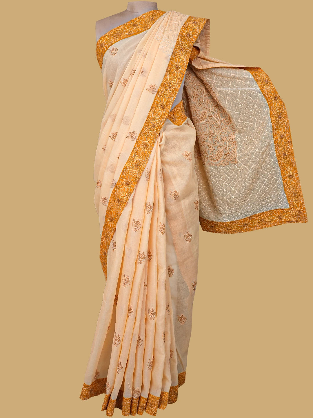 Ada Hand Embroidered Apricot Orange Cotton Lucknowi Chikankari Saree/Blouse With Cutdana Work 01A614911