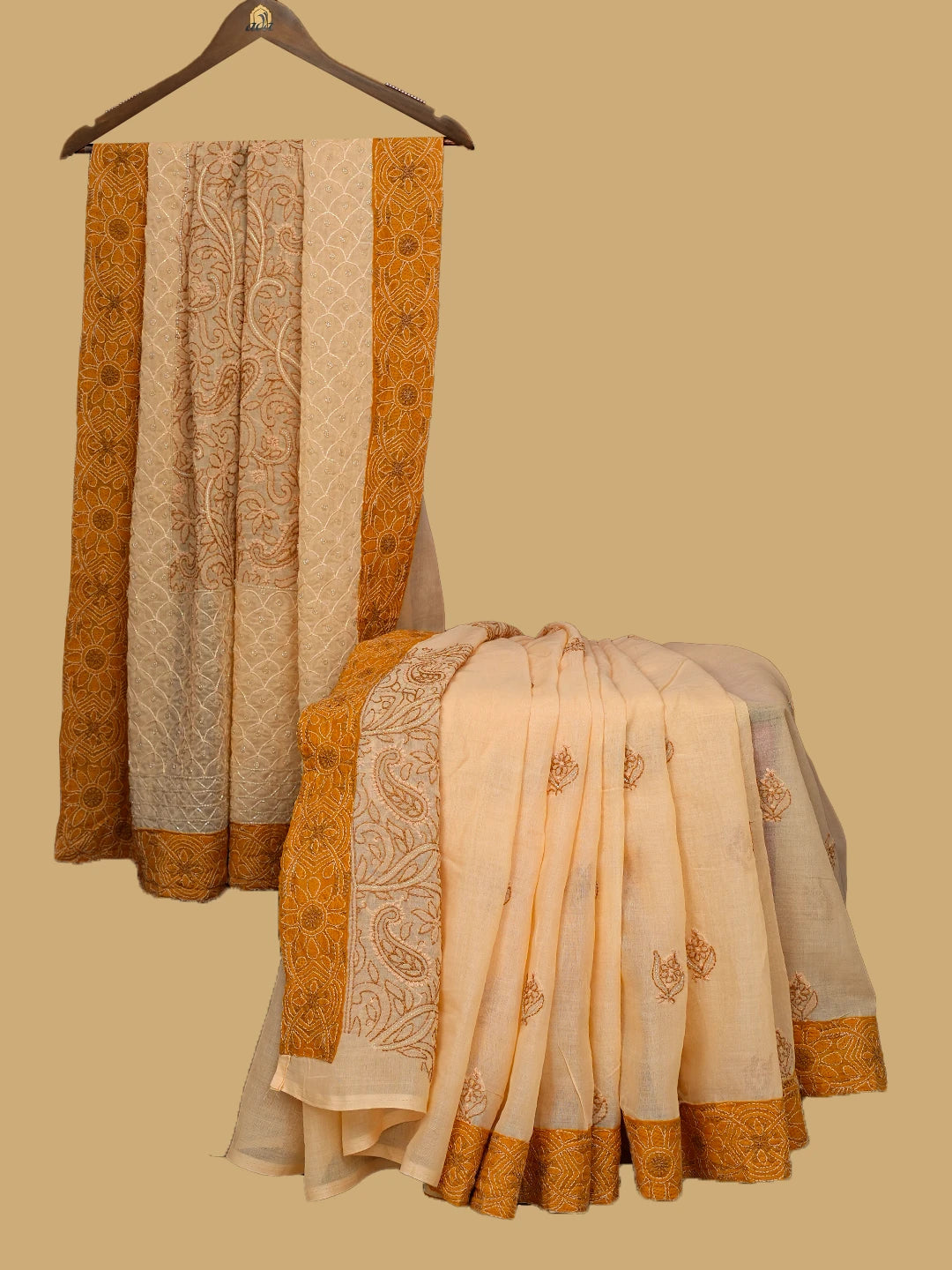 Ada Hand Embroidered Apricot Orange Cotton Lucknowi Chikankari Saree/Blouse With Cutdana Work 01A614911