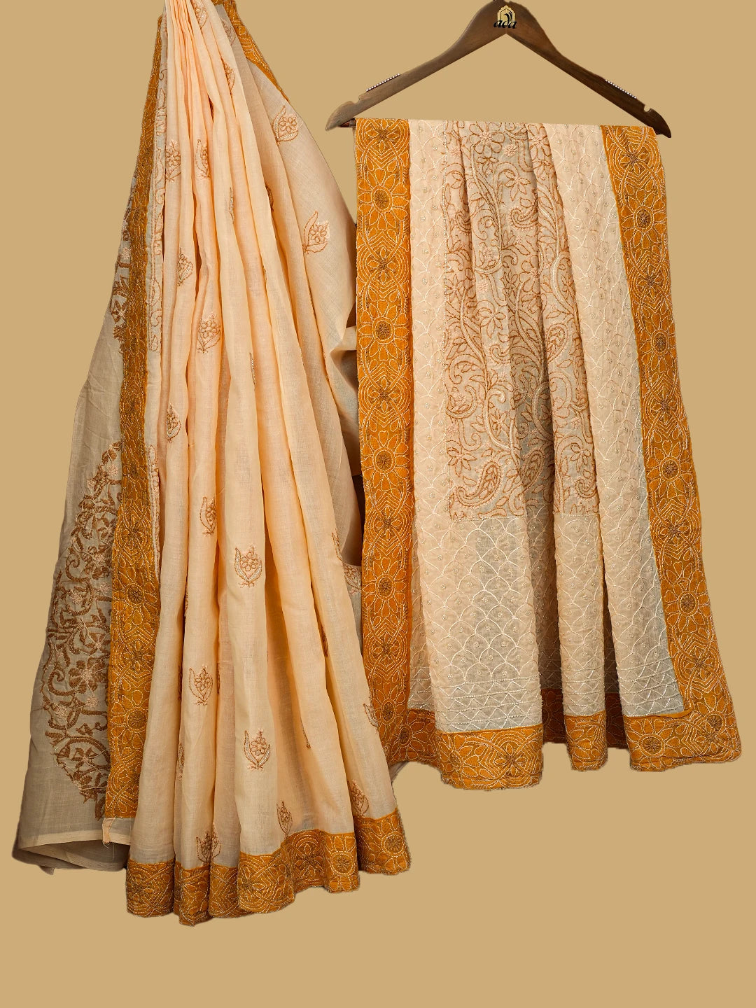 Ada Hand Embroidered Apricot Orange Cotton Lucknowi Chikankari Saree/Blouse With Cutdana Work 01A614911