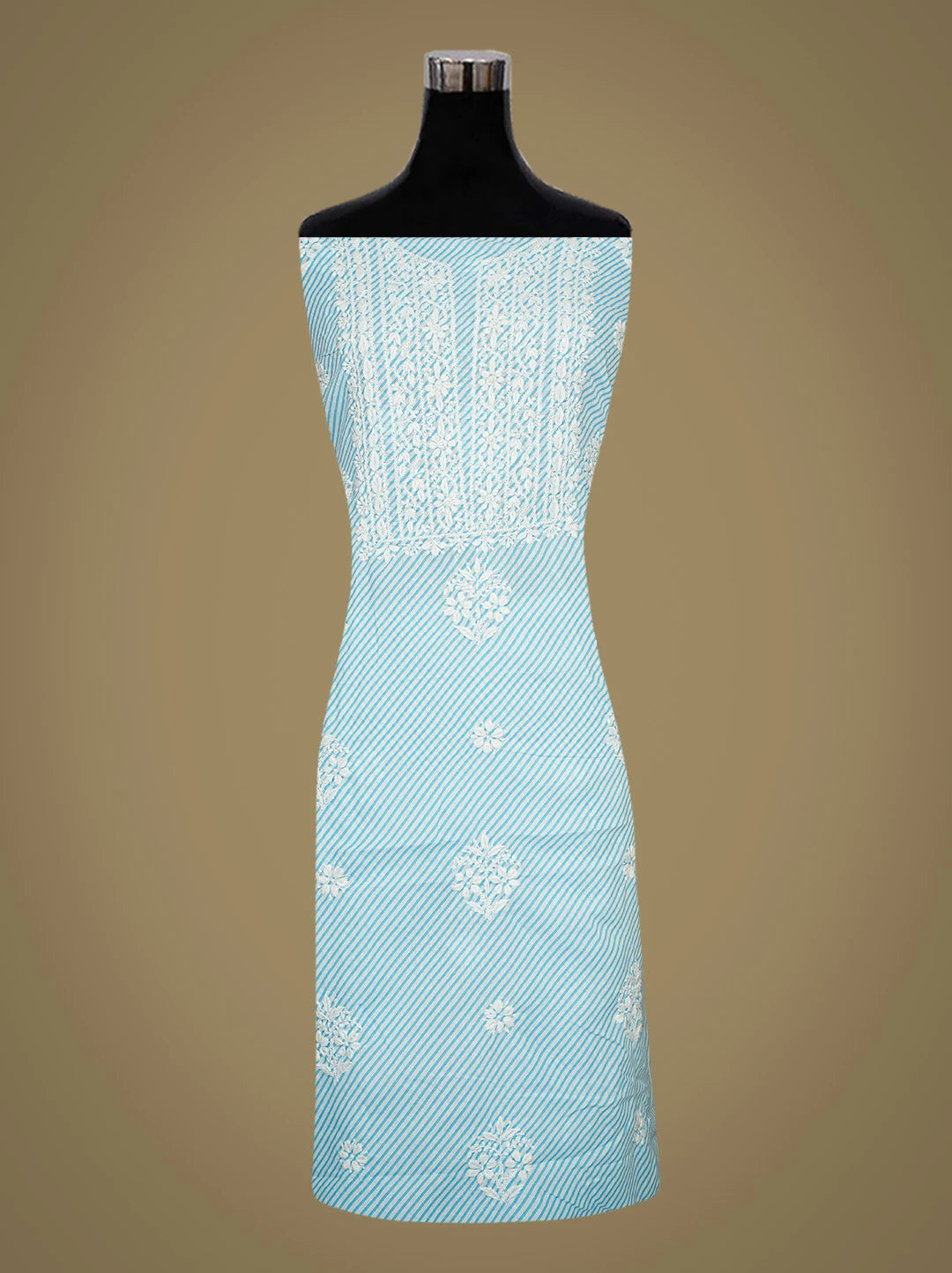 Ada Hand Embroidered Blue and White Lehariya Print Cotton Lucknowi Chikankari Unstitched Kurta Piece 01A799525