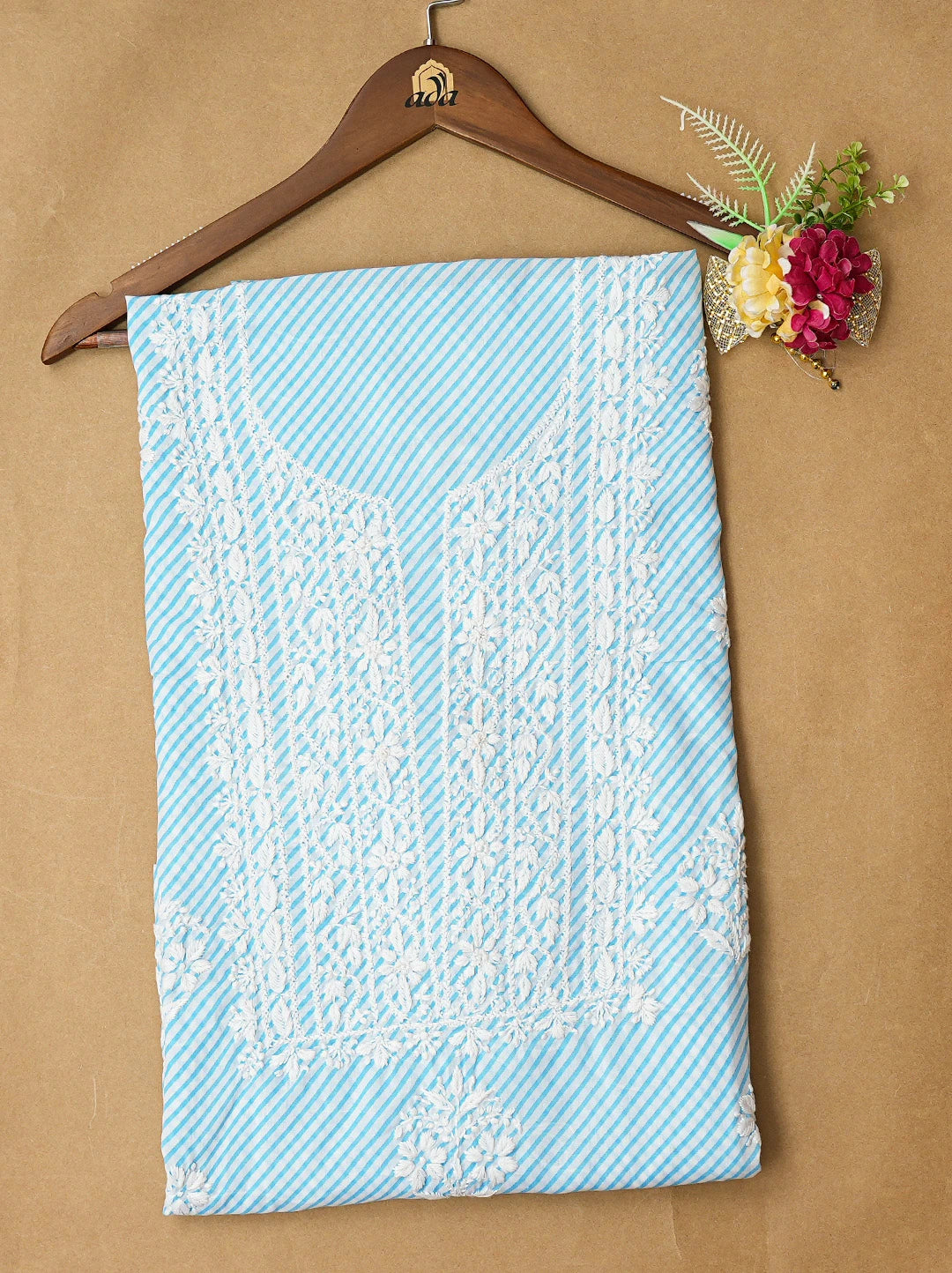 Ada Hand Embroidered Blue and White Lehariya Print Cotton Lucknowi Chikankari Unstitched Kurta Piece 01A799525