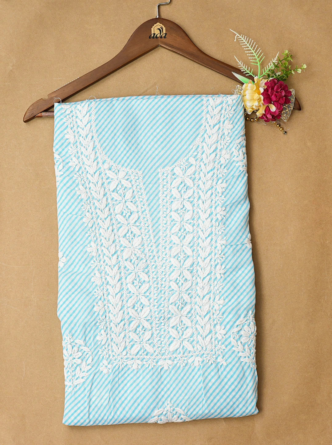 Ada Hand Embroidered Blue and White Lehariya Print Cotton Lucknowi Chikankari Unstitched Kurta Piece 01A799535