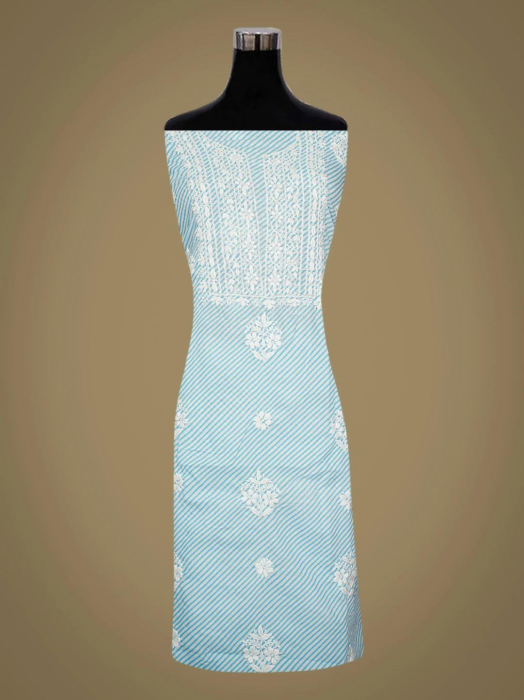 Ada Hand Embroidered Blue and White Lehariya Print Cotton Lucknowi Chikankari Unstitched Kurta Piece 01A799528