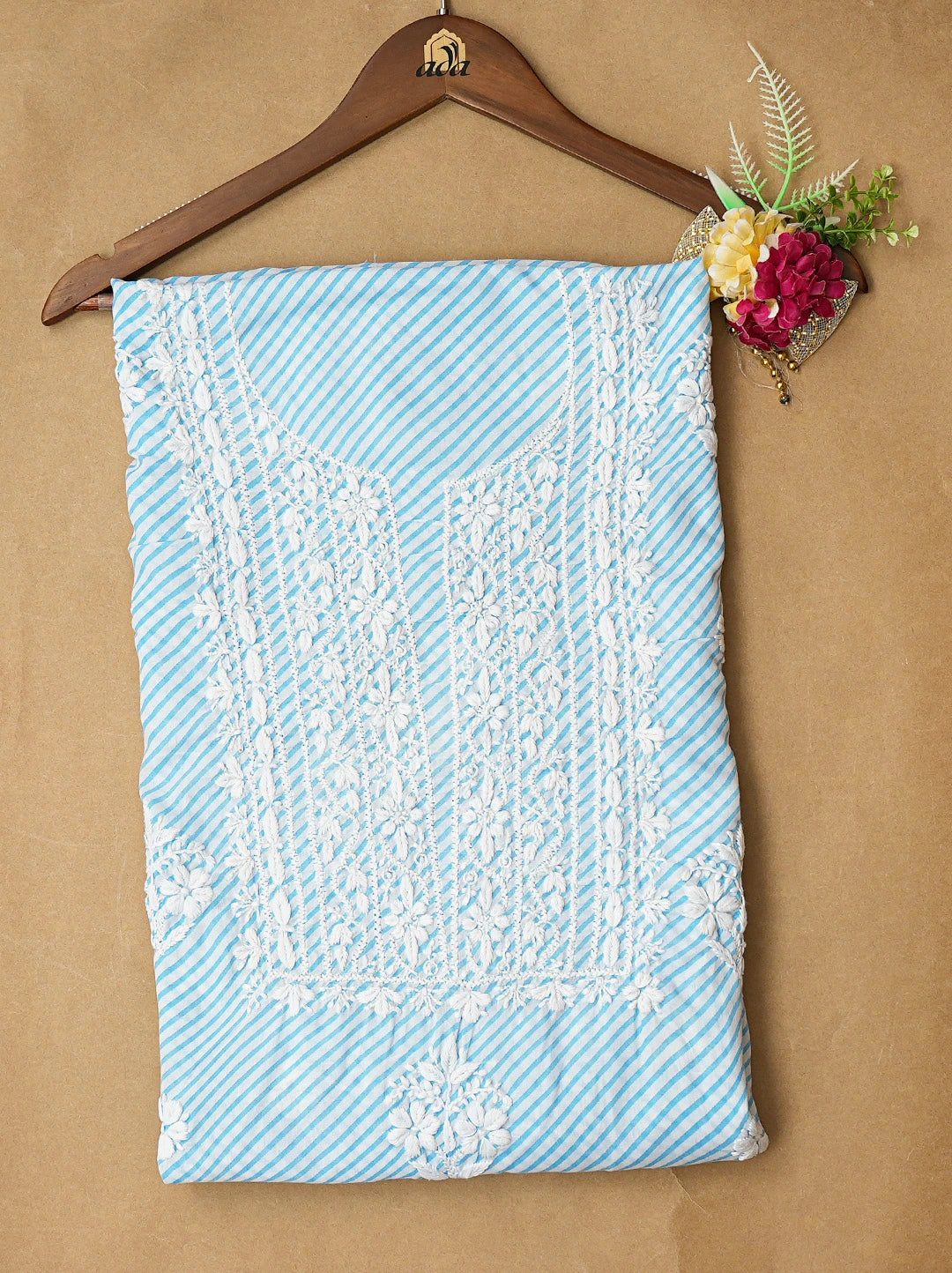 Ada Hand Embroidered Blue and White Lehariya Print Cotton Lucknowi Chikankari Unstitched Kurta Piece 01A799528