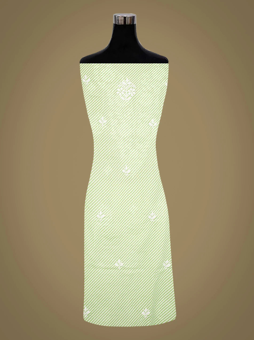 Ada Hand Embroidered Green and White Lehariya Print Cotton Lucknowi Chikankari Unstitched Kurta Piece 01A799495