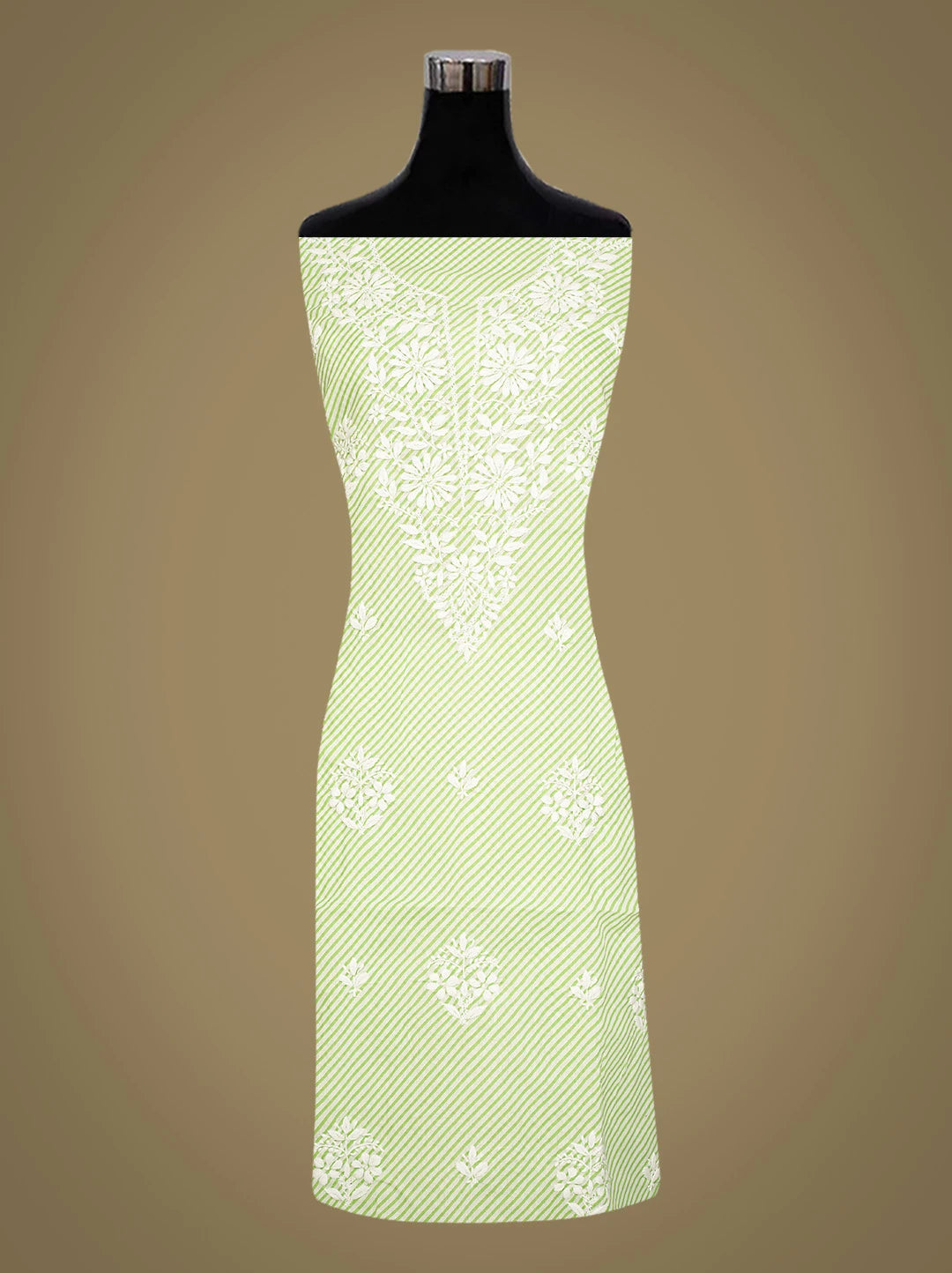 Ada Hand Embroidered Green and White Lehariya Print Cotton Lucknowi Chikankari Unstitched Kurta Piece 01A799495