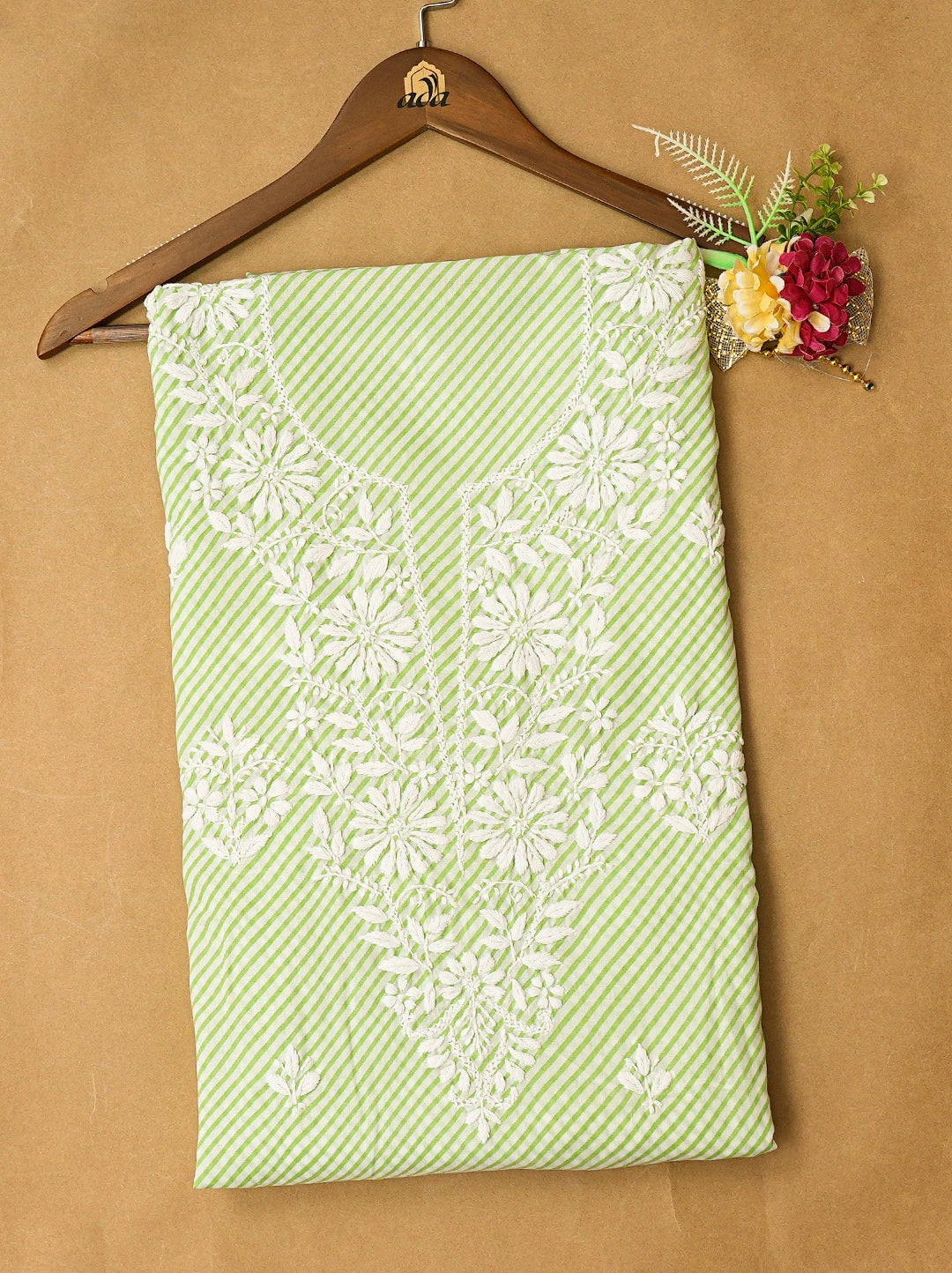 Ada Hand Embroidered Green and White Lehariya Print Cotton Lucknowi Chikankari Unstitched Kurta Piece 01A799495