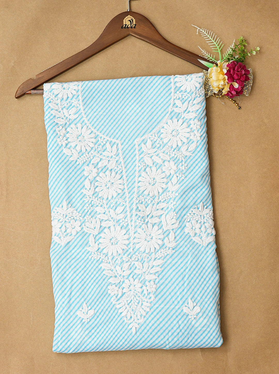 Ada Hand Embroidered Blue and White Lehariya Print Cotton Lucknowi Chikankari Unstitched Kurta Piece 01A799537