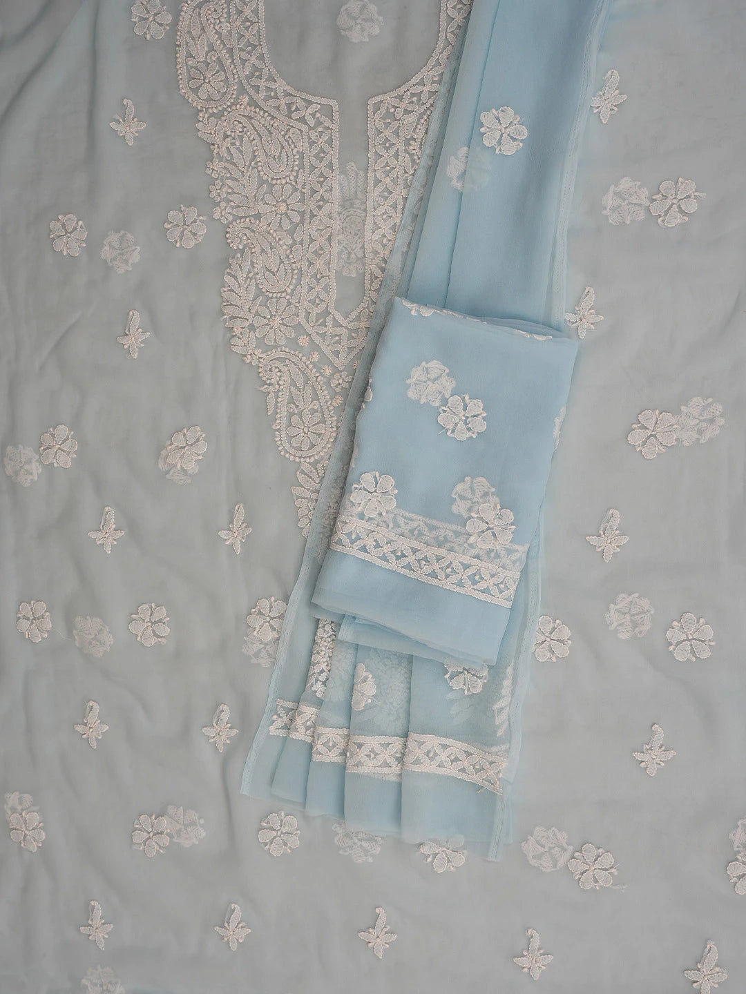 Ada Hand Embroidered Blue Georgette Lucknowi Chikankari Unstitched Suit Piece 01A798259