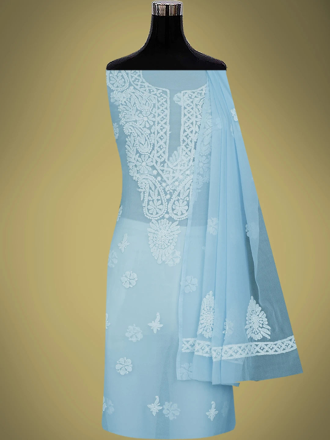 Ada Hand Embroidered Blue Georgette Lucknowi Chikankari Unstitched Suit Piece 01A798259