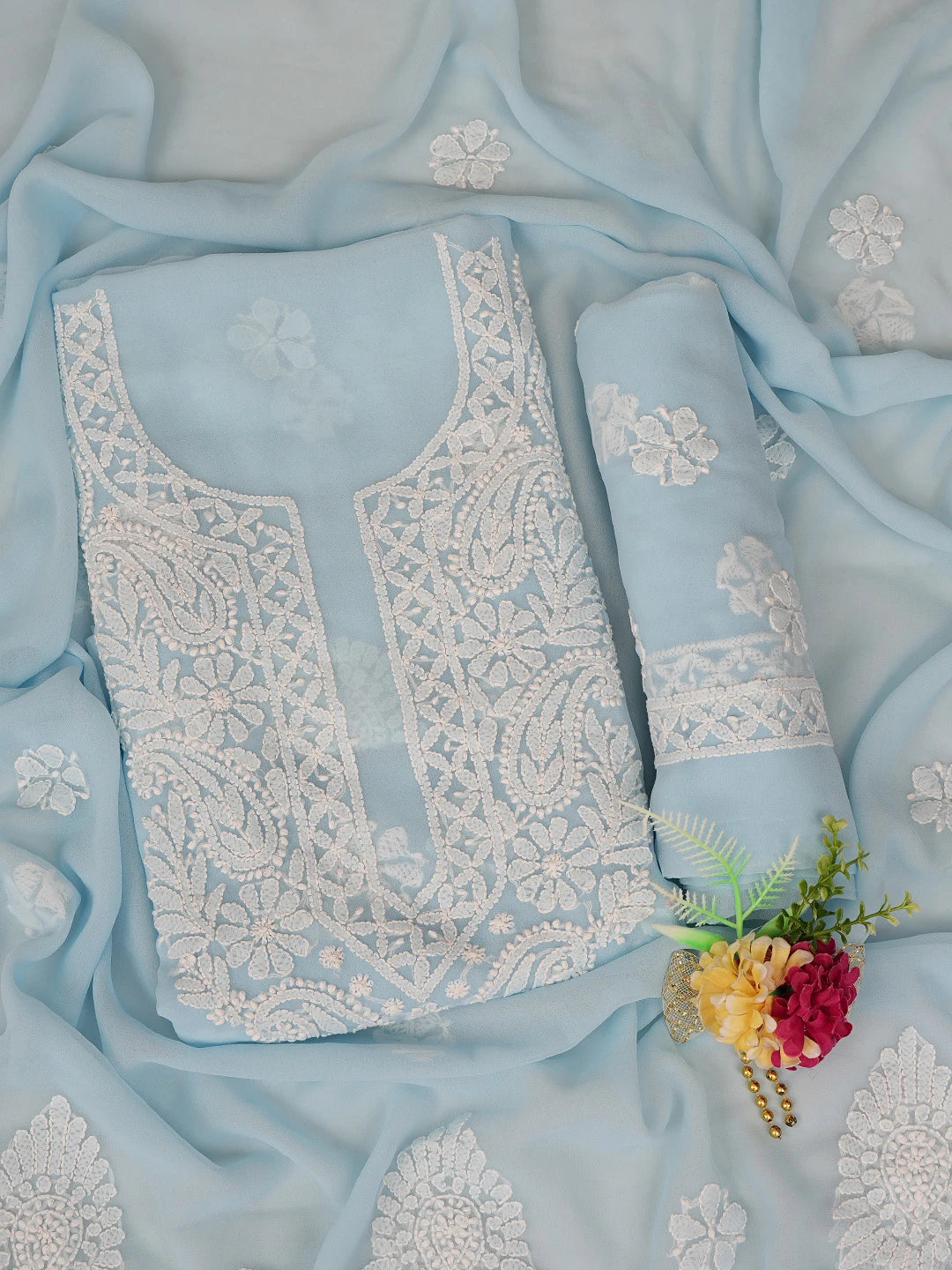 Ada Hand Embroidered Blue Georgette Lucknowi Chikankari Unstitched Suit Piece 01A798259