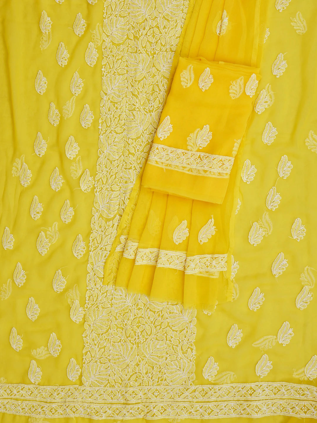 Ada Hand Embroidered Yellow Georgette Lucknowi Chikankari Unstitched Suit Piece 01A793504