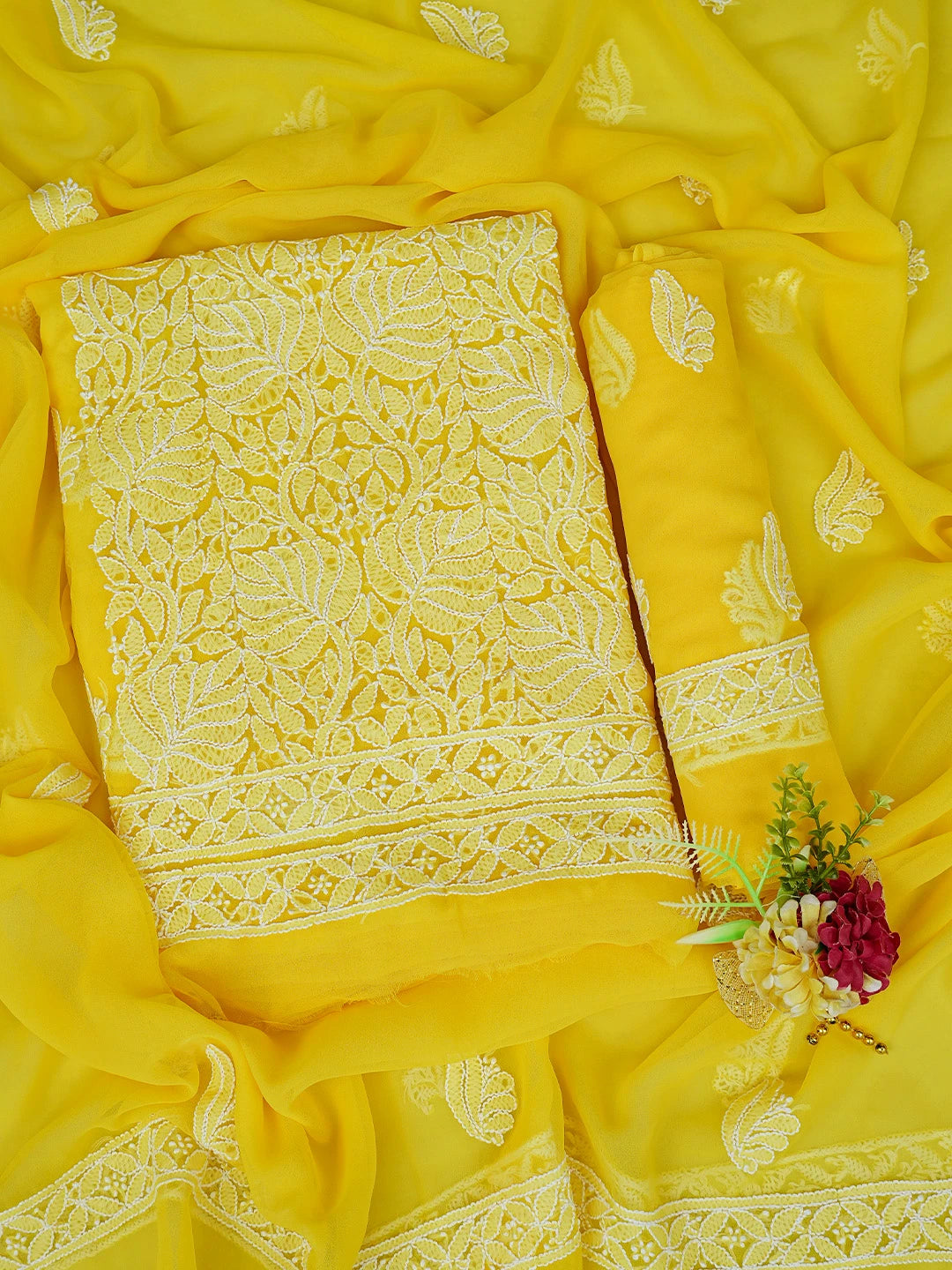 Ada Hand Embroidered Yellow Georgette Lucknowi Chikankari Unstitched Suit Piece 01A793504