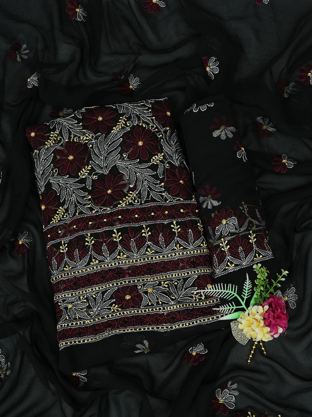 Ada Hand Embroidered Black Georgette Lucknowi Chikankari Unstitched Suit Piece 01A799935