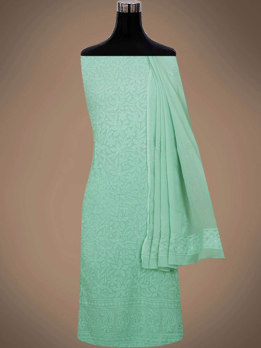 Ada Hand Embroidered Sea Green Viscose Georgette Lucknowi Chikankari Unstitched Kurta Dupatta Set 01A751232
