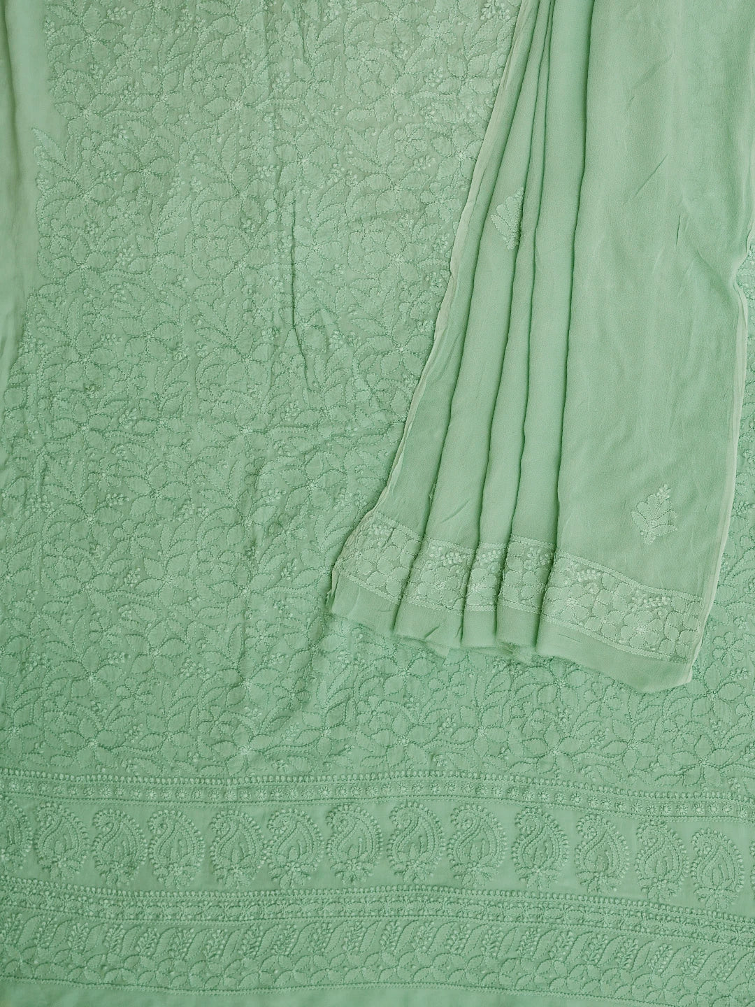 Ada Hand Embroidered Sea Green Viscose Georgette Lucknowi Chikankari Unstitched Kurta Dupatta Set 01A751232