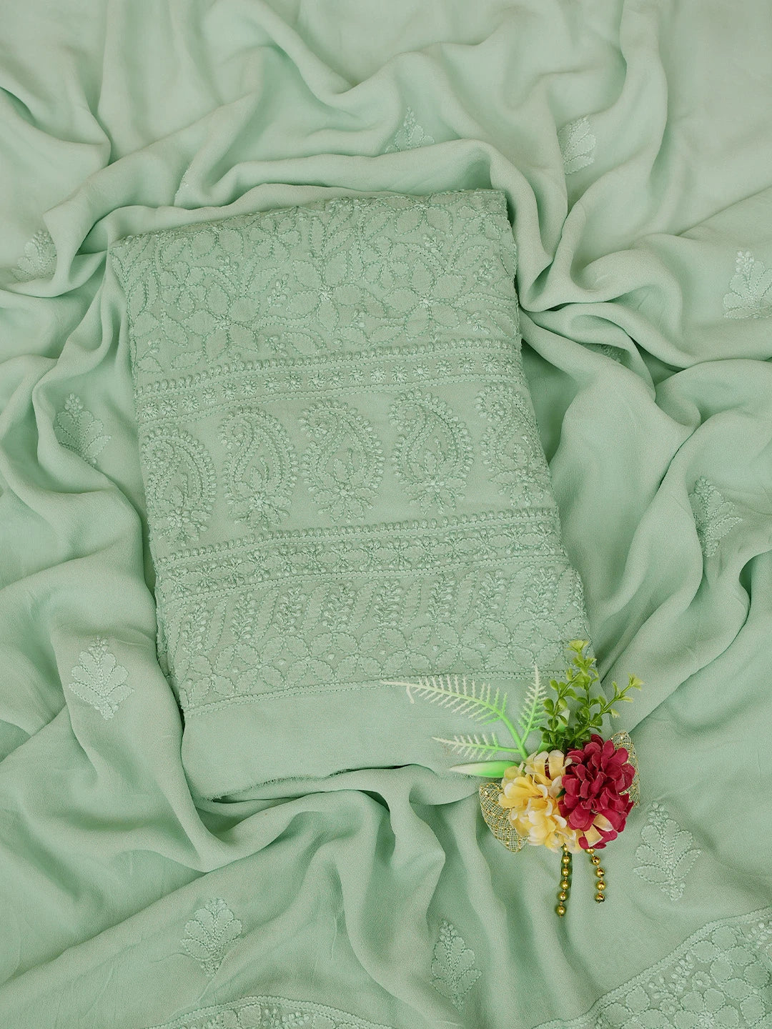 Ada Hand Embroidered Sea Green Viscose Georgette Lucknowi Chikankari Unstitched Kurta Dupatta Set 01A751232
