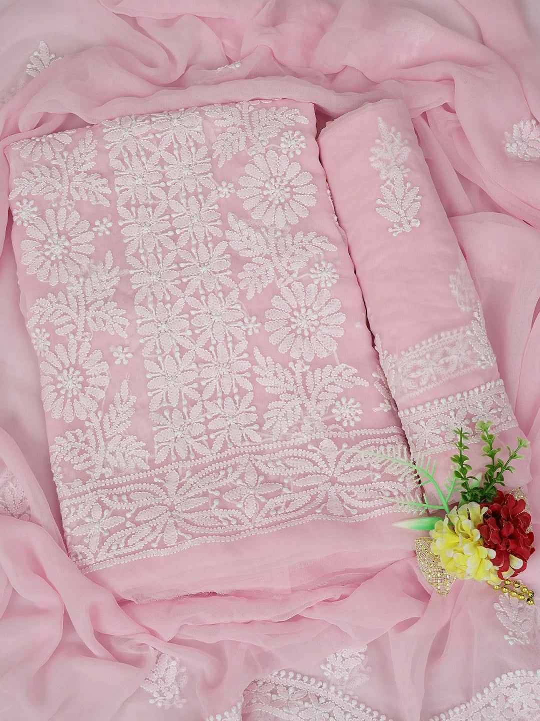 Ada Hand Embroidered Baby Pink Georgette Lucknowi Chikankari Unstitched Suit Piece 01A793518