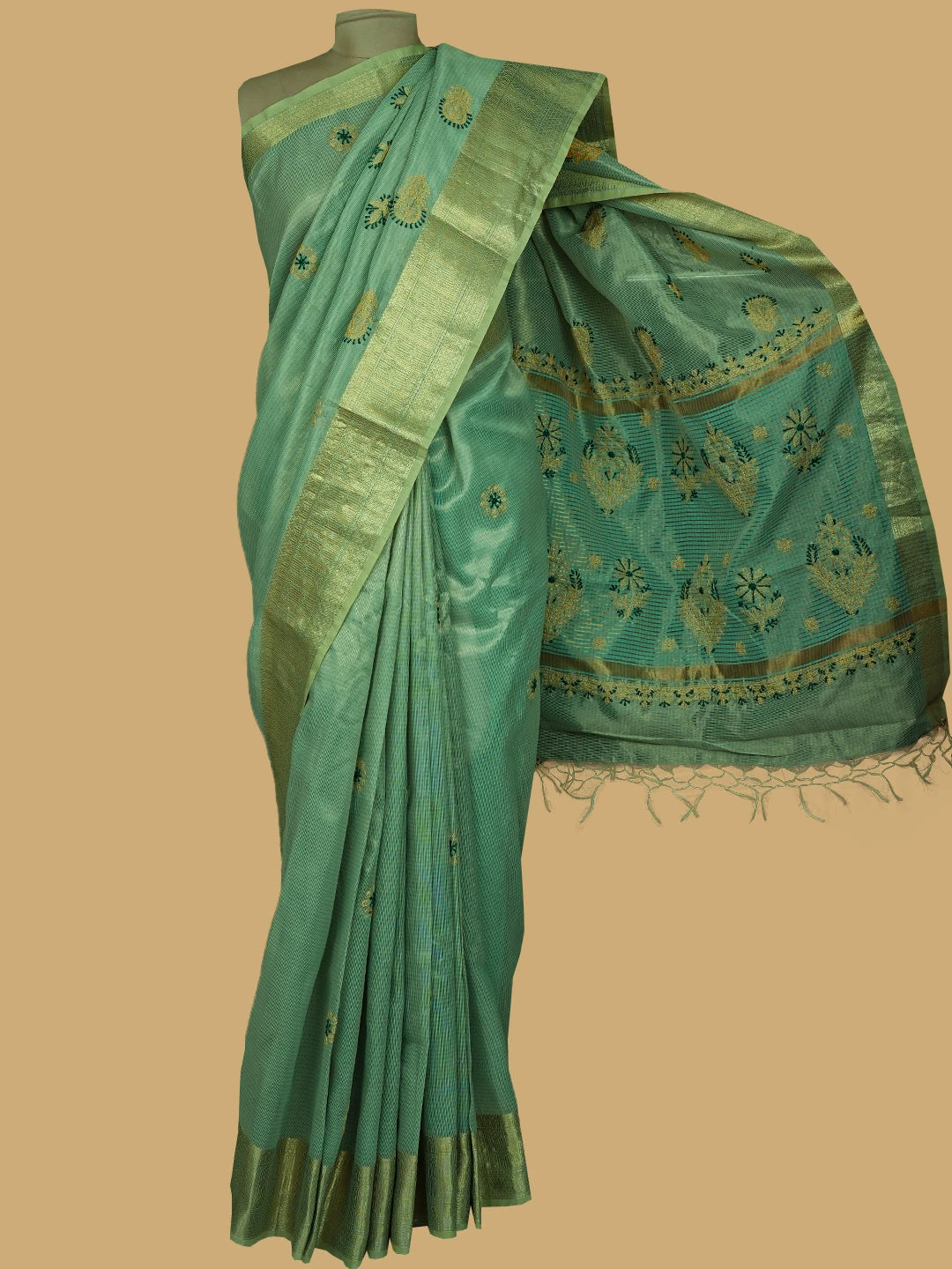 Ada Hand Embroidered Sage Teal Tissue Lucknowi Chikankari Saree and Blouse 01A788459