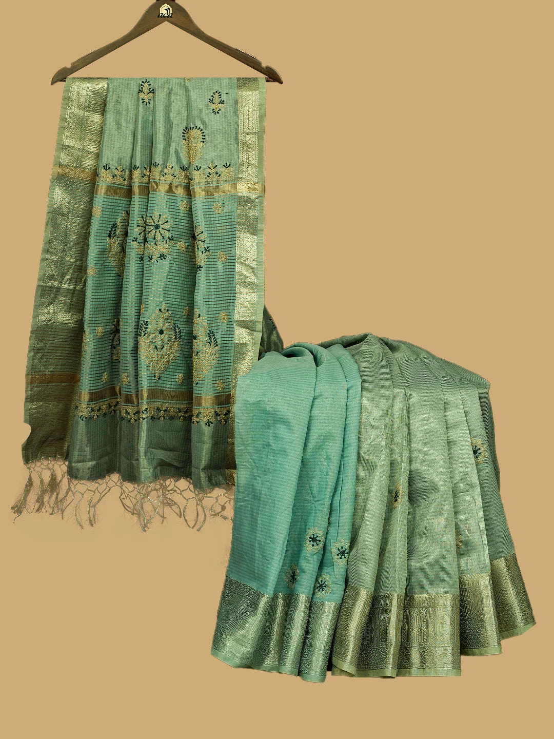 Ada Hand Embroidered Sage Teal Tissue Lucknowi Chikankari Saree and Blouse 01A788459