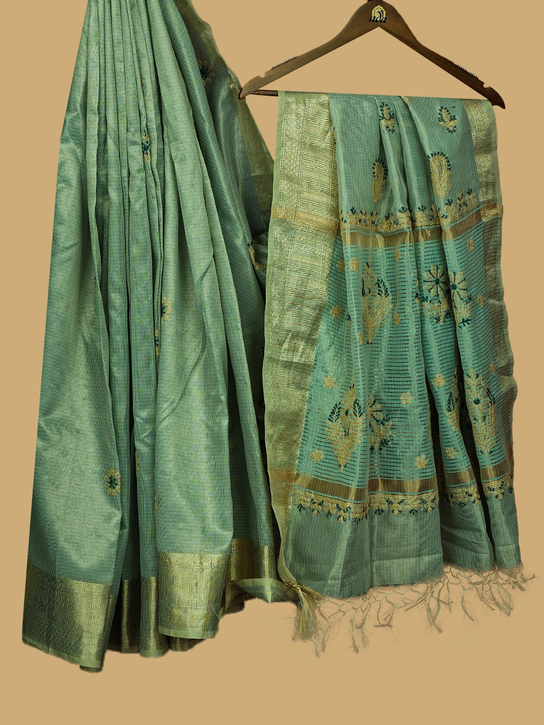 Ada Hand Embroidered Sage Teal Tissue Lucknowi Chikankari Saree and Blouse 01A788459