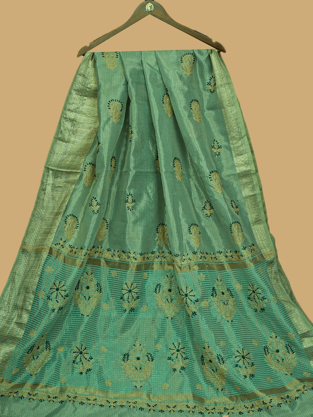 Ada Hand Embroidered Sage Teal Tissue Lucknowi Chikankari Saree and Blouse 01A788459
