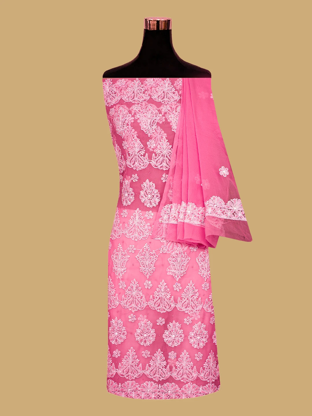 Ada Hand Embroidered Hot PInk Georgette Lucknowi Chikankari Unstitched Suit Piece With Cutdana Work 01A752636