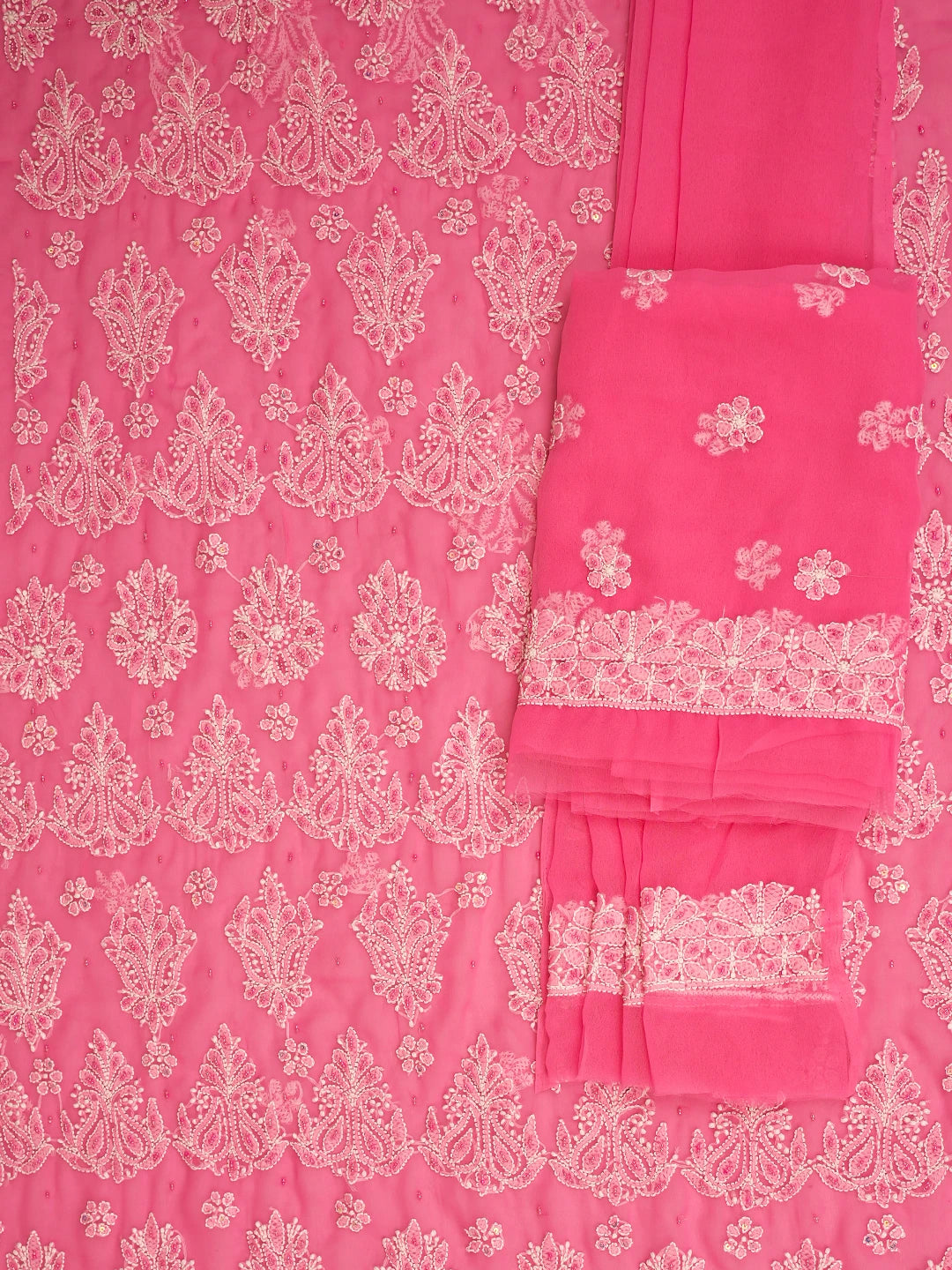 Ada Hand Embroidered Hot PInk Georgette Lucknowi Chikankari Unstitched Suit Piece With Cutdana Work 01A752636