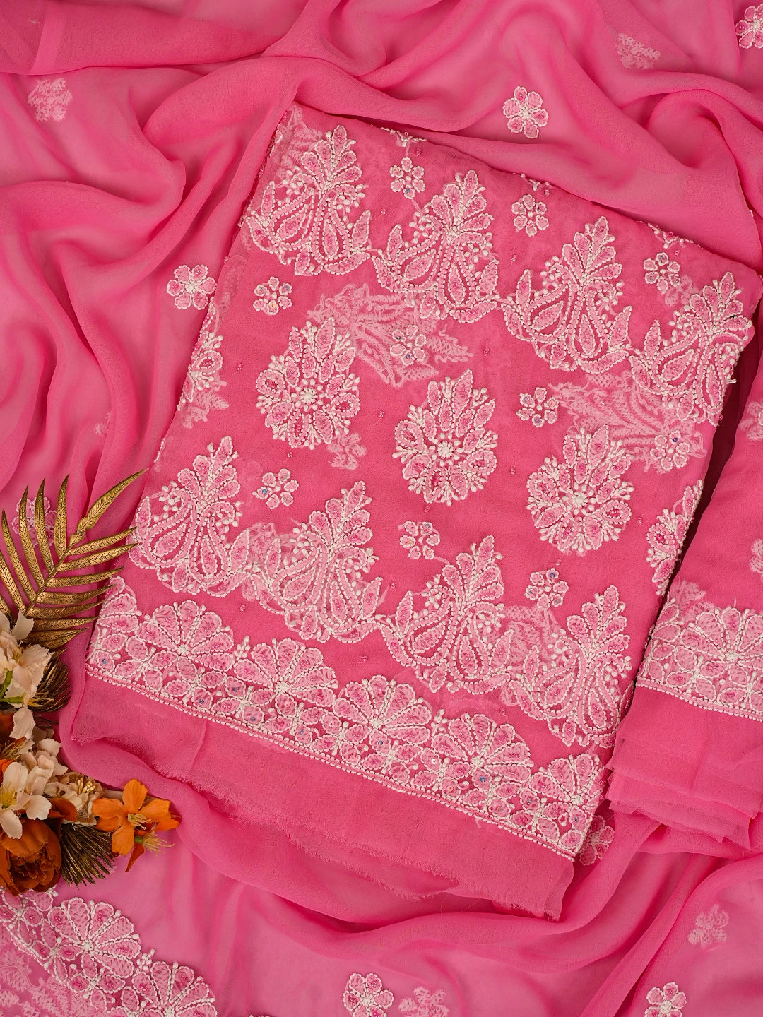 Ada Hand Embroidered Hot PInk Georgette Lucknowi Chikankari Unstitched Suit Piece With Cutdana Work 01A752636