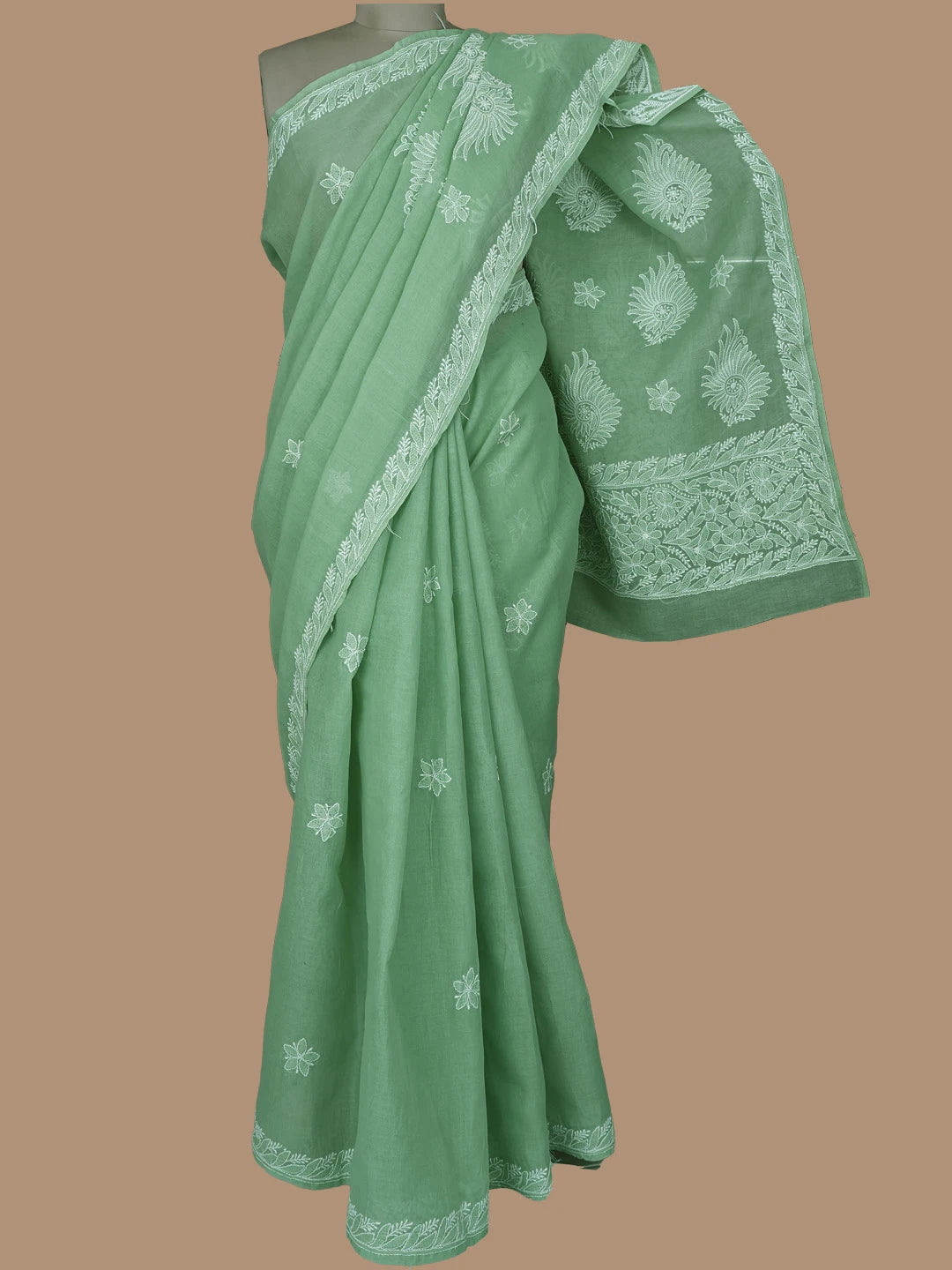Ada Hand Embroidered Green Cotton Lucknowi Chikankari Saree With Blouse 01A777377