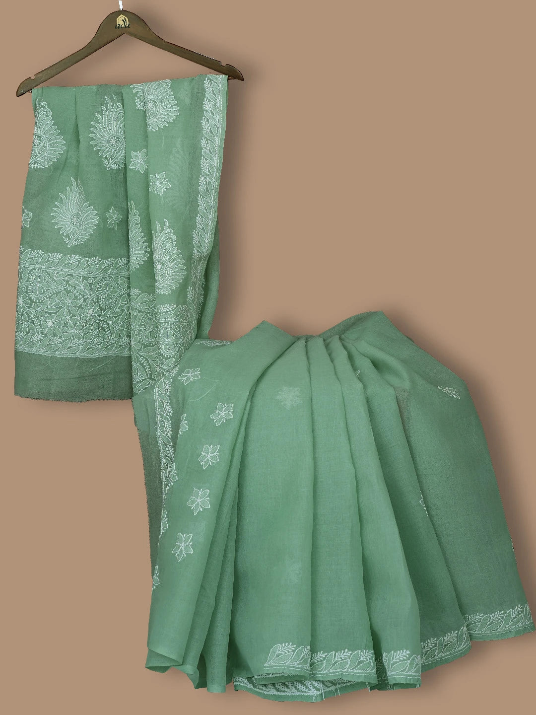 Ada Hand Embroidered Green Cotton Lucknowi Chikankari Saree With Blouse 01A777377