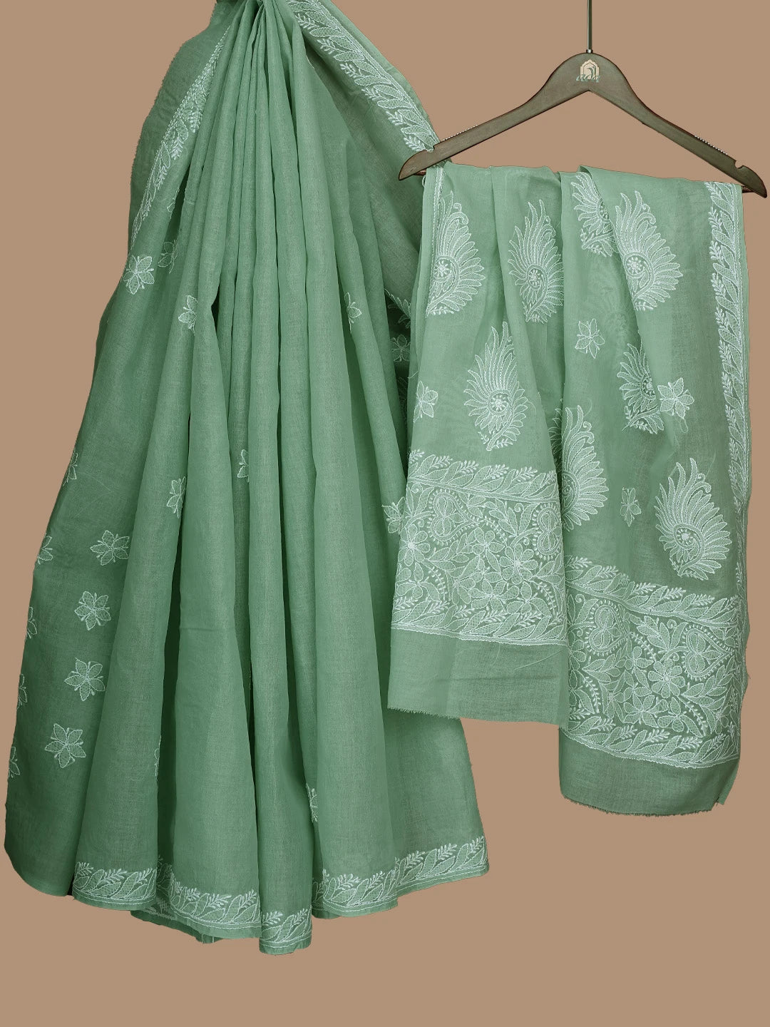Ada Hand Embroidered Green Cotton Lucknowi Chikankari Saree With Blouse 01A777377
