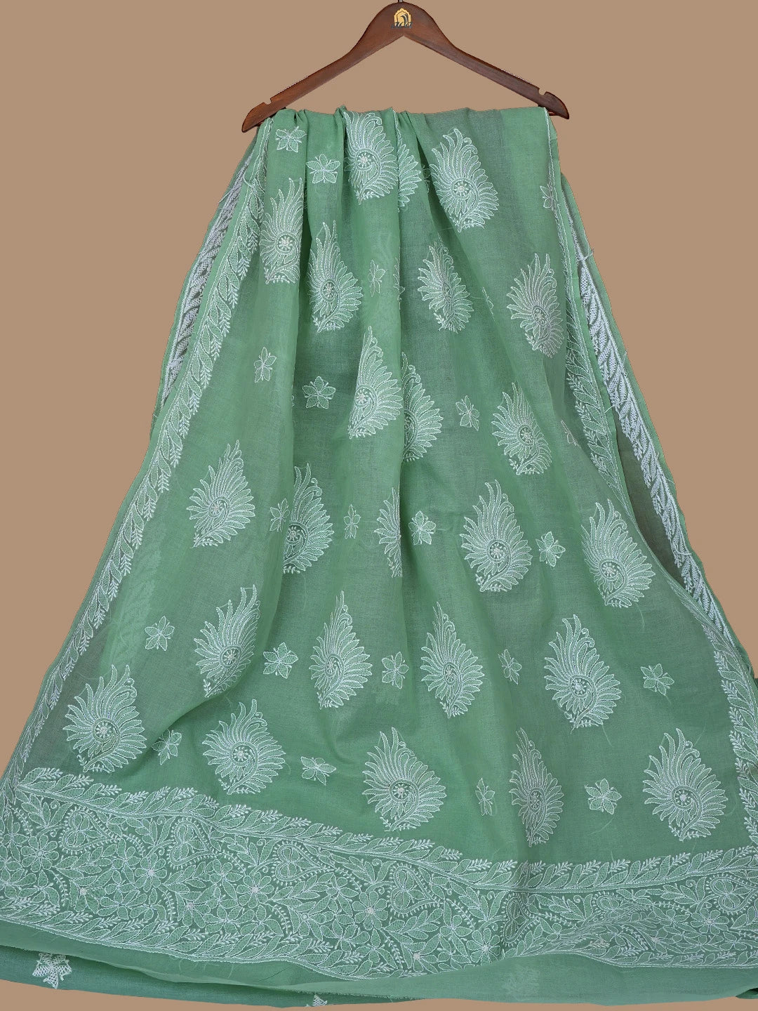 Ada Hand Embroidered Green Cotton Lucknowi Chikankari Saree With Blouse 01A777377