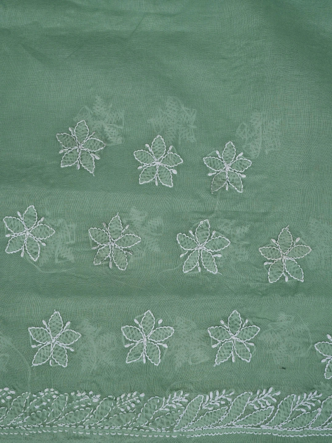 Ada Hand Embroidered Green Cotton Lucknowi Chikankari Saree With Blouse 01A777377