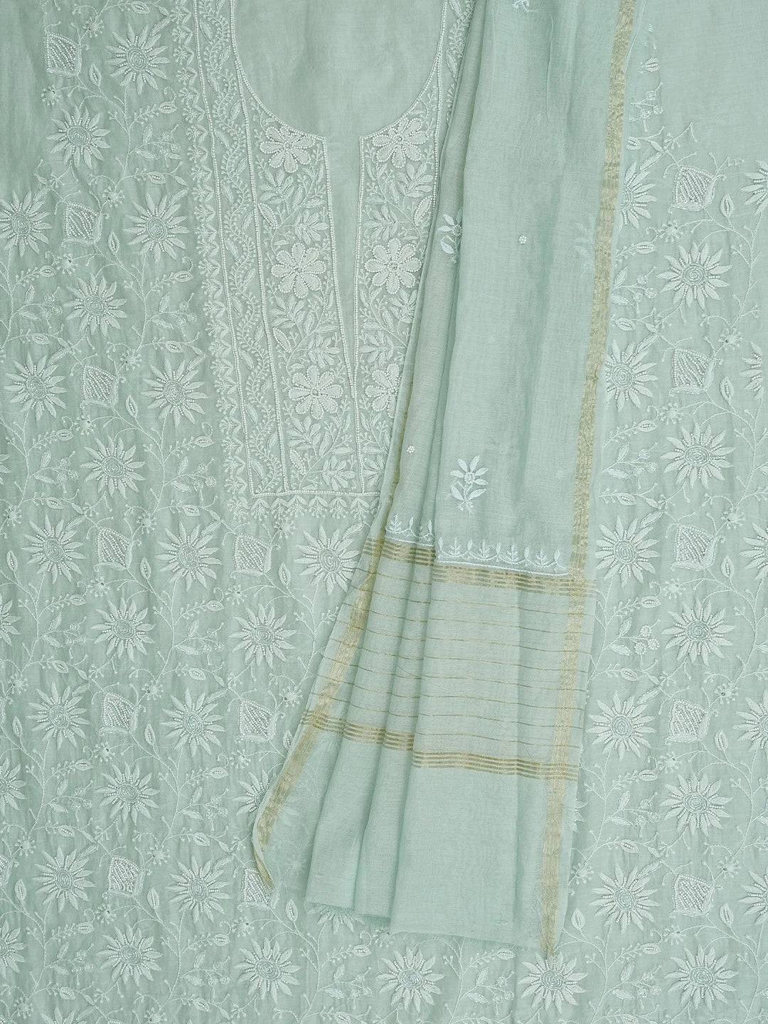 Ada Hand Embroidered Light Sea Green Chanderi Lucknowi Chikankari Unstitched Kurta Dupatta Set With Cutdana Work 01A777773