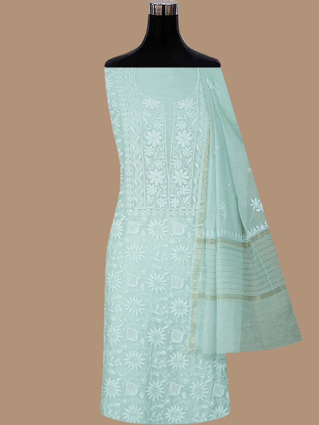 Ada Hand Embroidered Light Sea Green Chanderi Lucknowi Chikankari Unstitched Kurta Dupatta Set With Cutdana Work 01A777773