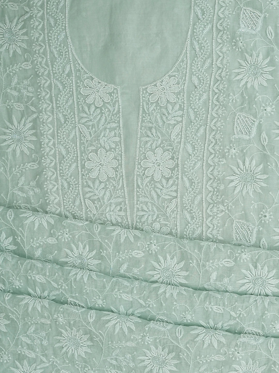 Ada Hand Embroidered Light Sea Green Chanderi Lucknowi Chikankari Unstitched Kurta Dupatta Set With Cutdana Work 01A777773
