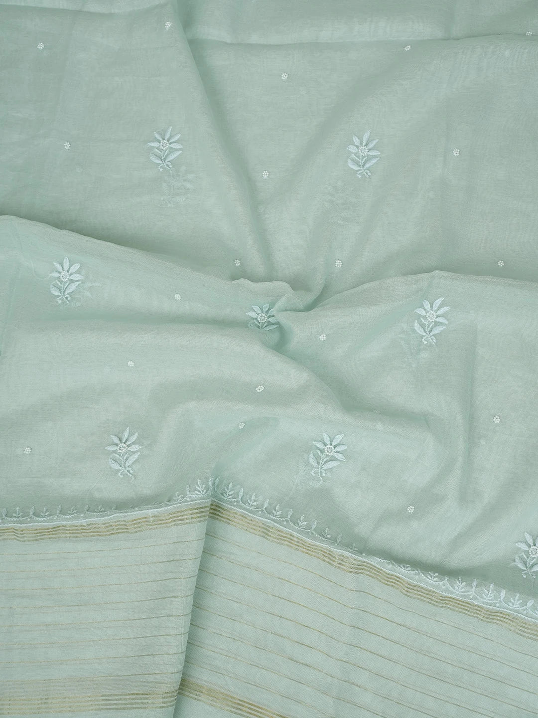 Ada Hand Embroidered Light Sea Green Chanderi Lucknowi Chikankari Unstitched Kurta Dupatta Set With Cutdana Work 01A777773