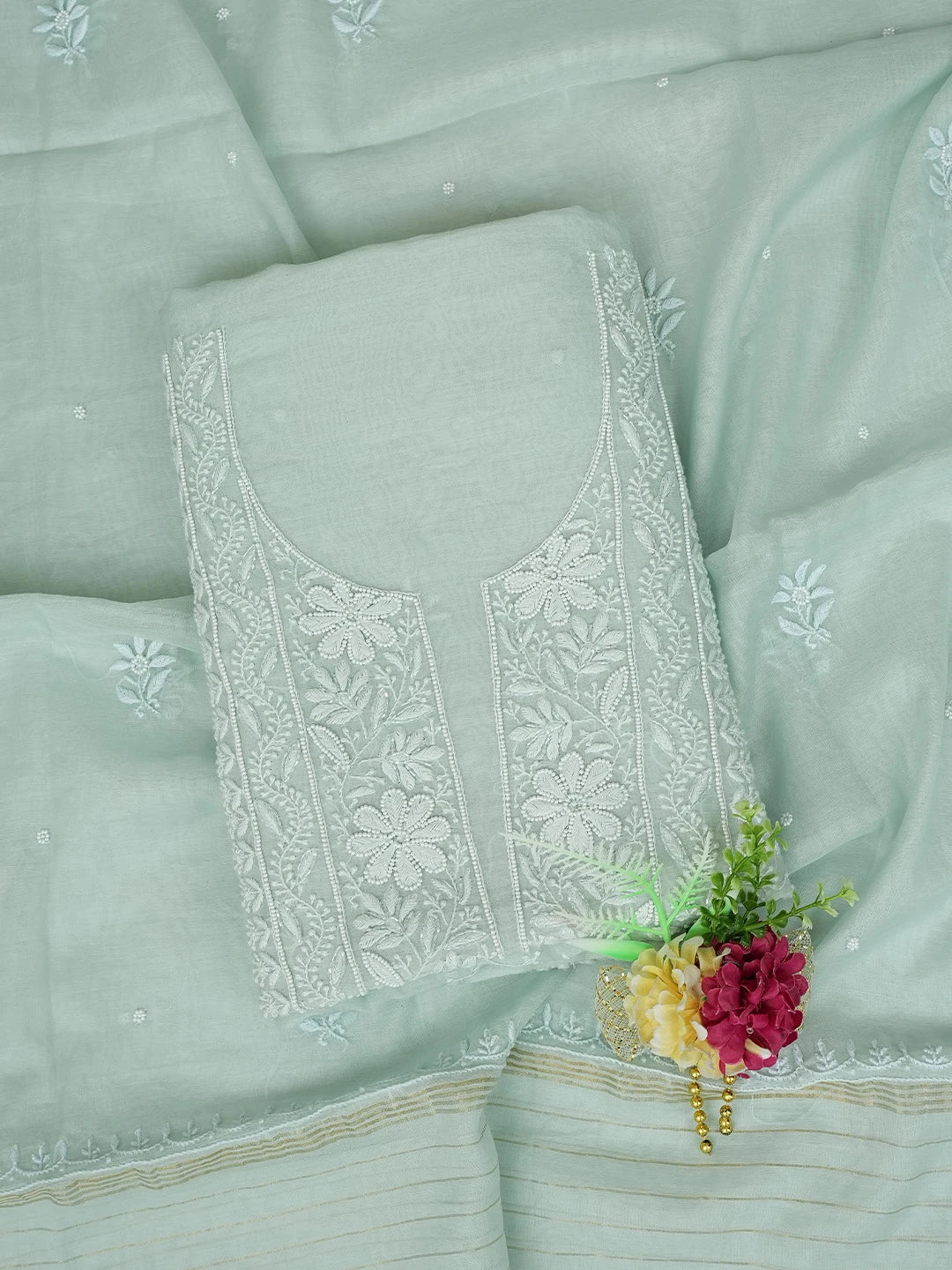 Ada Hand Embroidered Light Sea Green Chanderi Lucknowi Chikankari Unstitched Kurta Dupatta Set With Cutdana Work 01A777773