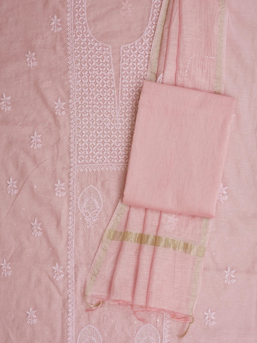 Ada Hand Embroidered Pink Chanderi Lucknowi Chikankari Unstitched Suit Piece With Cutdana Work 01A788624
