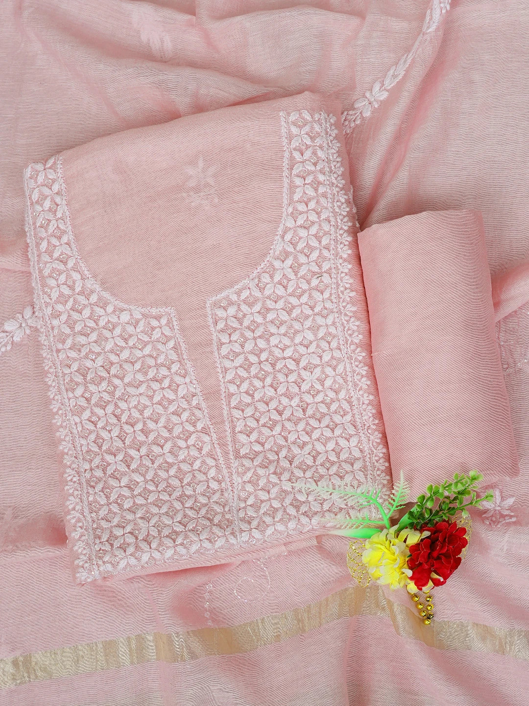 Ada Hand Embroidered Pink Chanderi Lucknowi Chikankari Unstitched Suit Piece With Cutdana Work 01A788624