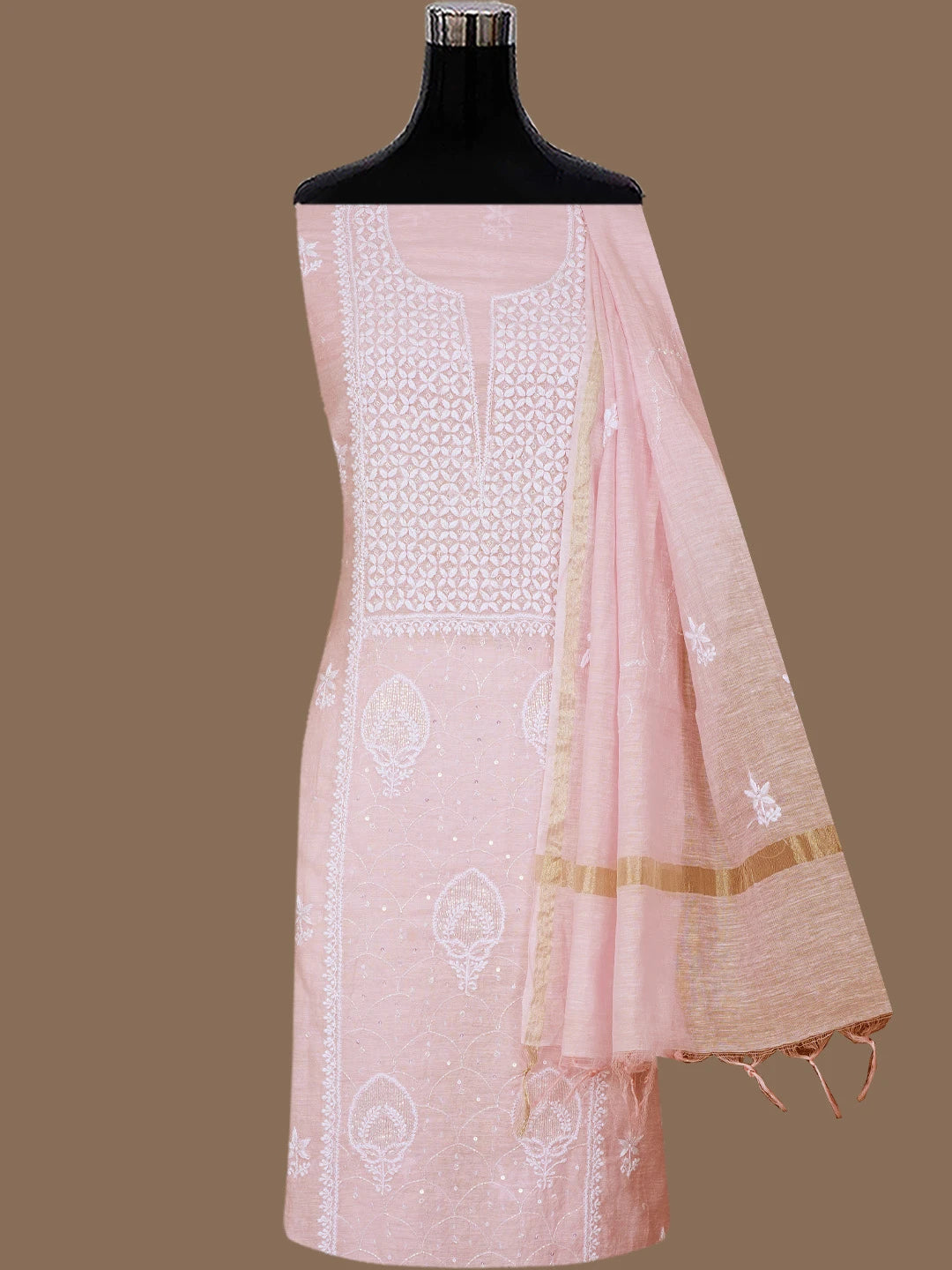 Ada Hand Embroidered Pink Chanderi Lucknowi Chikankari Unstitched Suit Piece With Cutdana Work 01A788624