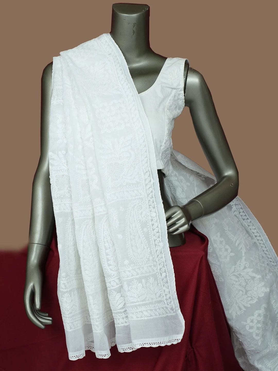 Ada Hand Embroidered White Cotton Lucknowi Chikankari Dupatta 01A801028