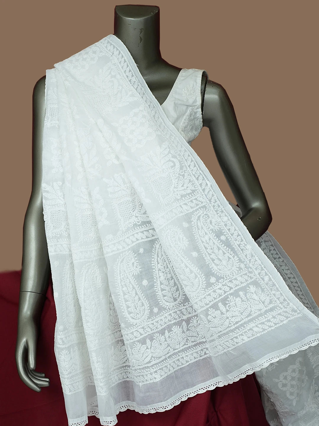 Ada Hand Embroidered White Cotton Lucknowi Chikankari Dupatta 01A801028