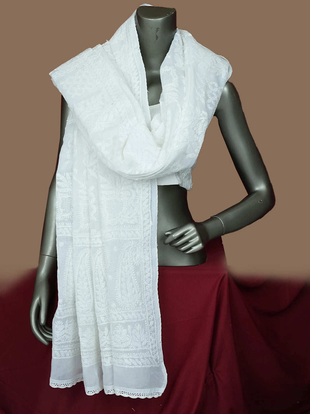 Ada Hand Embroidered White Cotton Lucknowi Chikankari Dupatta 01A801028